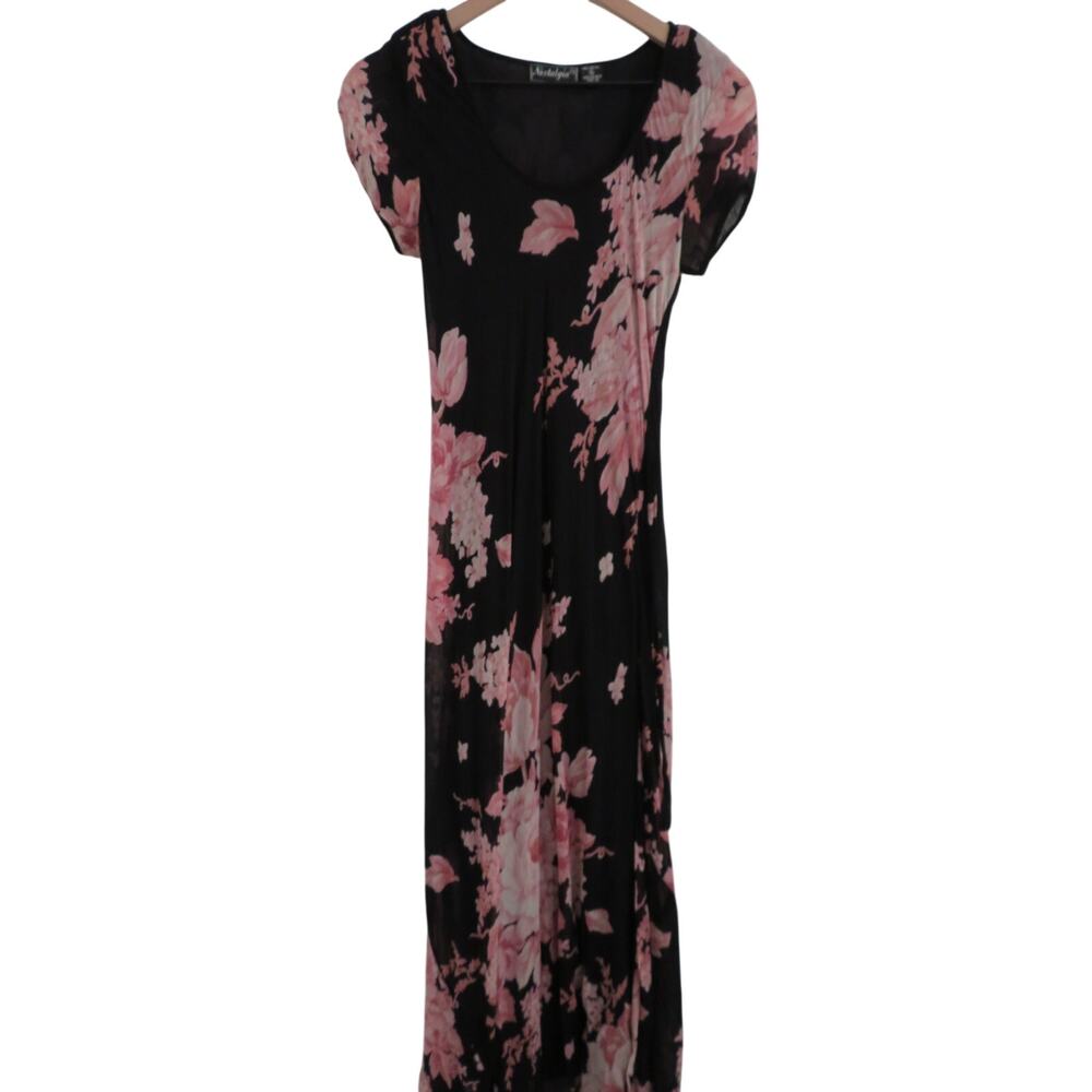 90s Nostalgia Womens Sz S Black Pink Floral Sheer Rayon Lined Maxi Dress Boho